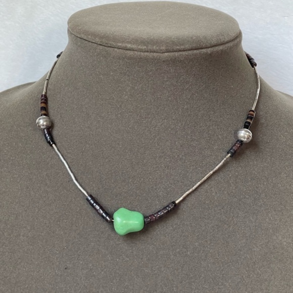 Vintage Heishi Necklace Turquoise Chunk Silver Bead